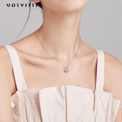 0.69ft 2g Ay Yıldız Kolye Kolye Trendy Topaz Katı Gümüş Kalp Kolye