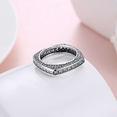 Noble 925 Gümüş Yüzük-Kare Kübik Zirkon Kakma-Klasik Yüzük-Moda Gümüş Takı