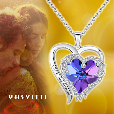 Hipoalerjenik 925 Ayar Gümüş Kalpli Kolye Kolye Austrian crystal Mor Kristal