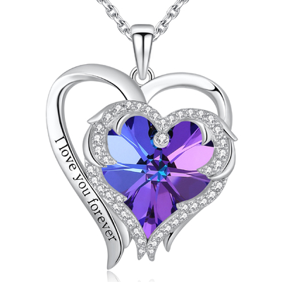 Hipoalerjenik 925 Ayar Gümüş Kalpli Kolye Kolye Austrian crystal Mor Kristal
