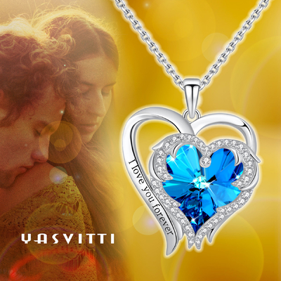 0.79x0.98in Çift Kalp Çapraz Kolye Austrian crystal Mavi Kristal 925 Ayar Gümüş